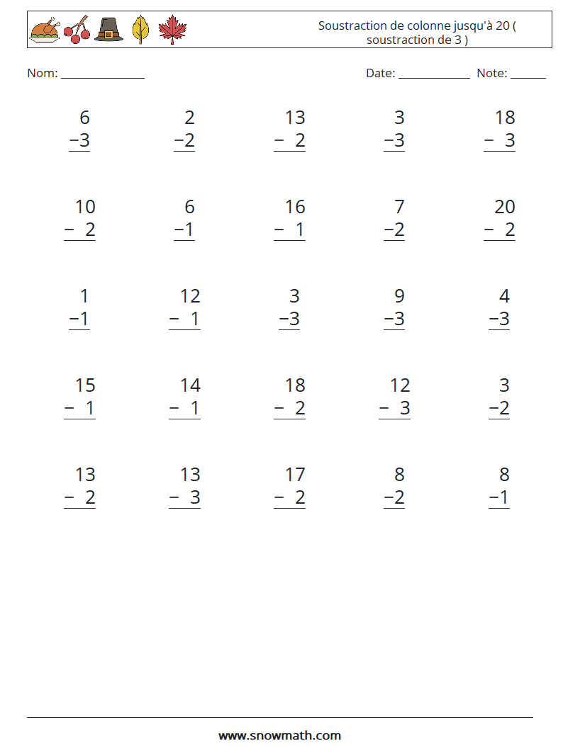 (25) Soustraction de colonne jusqu'à 20 ( soustraction de 3 ) Fiches d'Exercices de Mathématiques 5