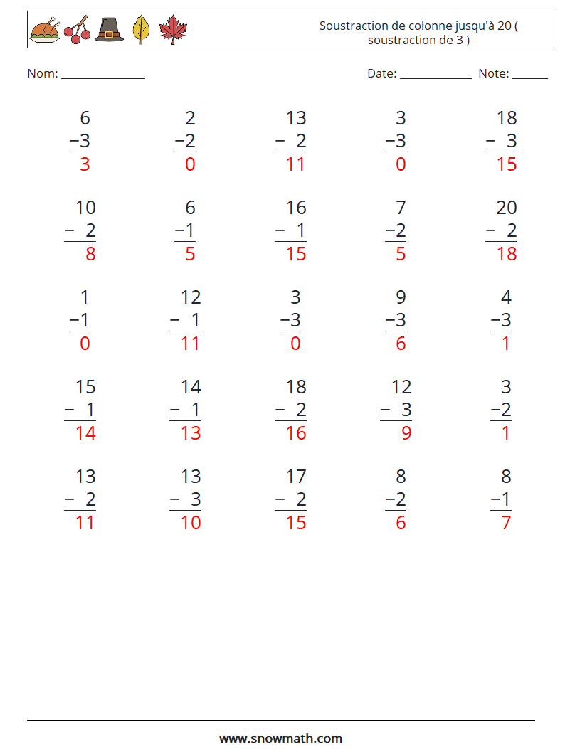 (25) Soustraction de colonne jusqu'à 20 ( soustraction de 3 ) Fiches d'Exercices de Mathématiques 5 Question, Réponse