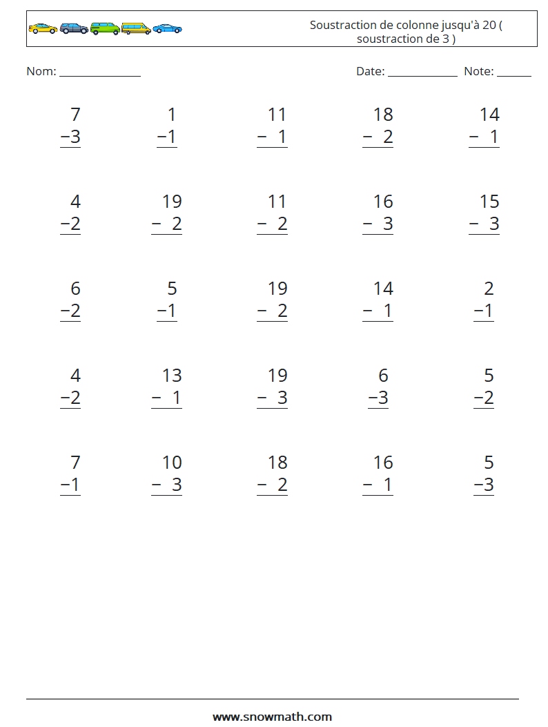 (25) Soustraction de colonne jusqu'à 20 ( soustraction de 3 ) Fiches d'Exercices de Mathématiques 6