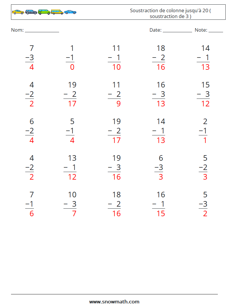 (25) Soustraction de colonne jusqu'à 20 ( soustraction de 3 ) Fiches d'Exercices de Mathématiques 6 Question, Réponse