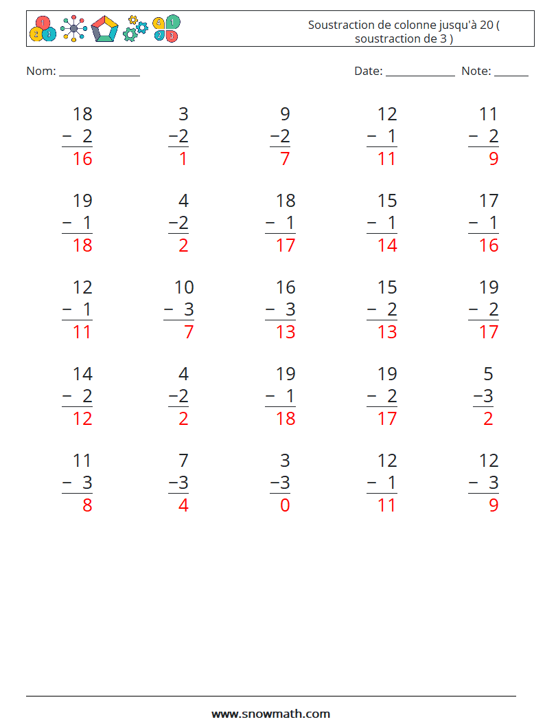 (25) Soustraction de colonne jusqu'à 20 ( soustraction de 3 ) Fiches d'Exercices de Mathématiques 7 Question, Réponse