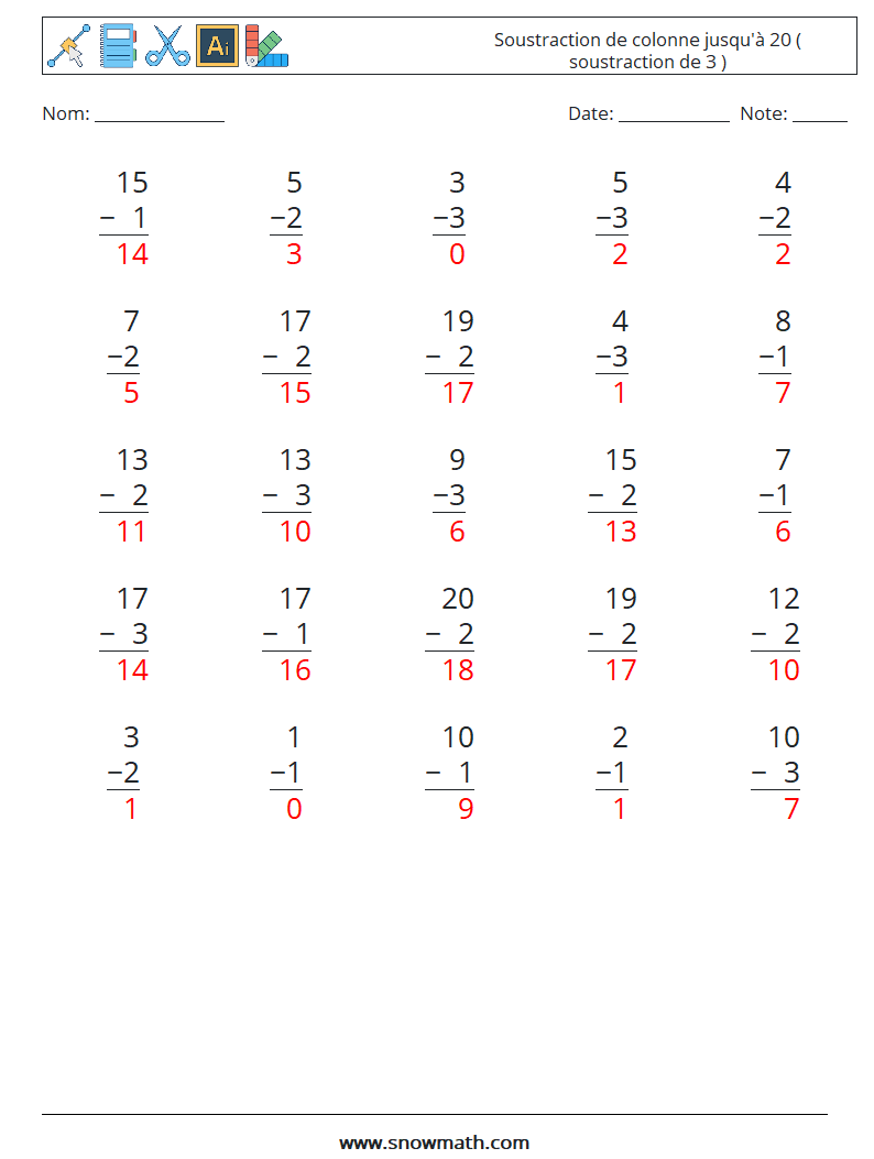 (25) Soustraction de colonne jusqu'à 20 ( soustraction de 3 ) Fiches d'Exercices de Mathématiques 8 Question, Réponse