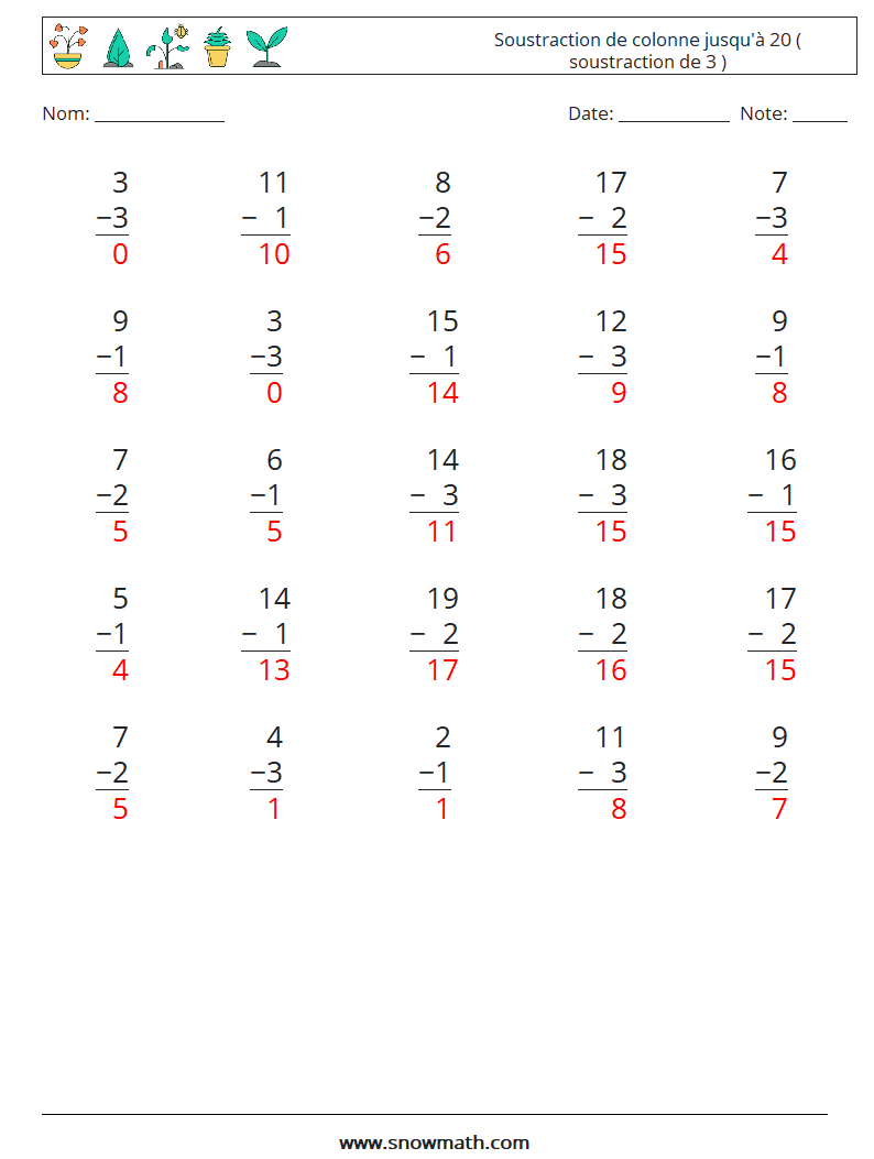 (25) Soustraction de colonne jusqu'à 20 ( soustraction de 3 ) Fiches d'Exercices de Mathématiques 9 Question, Réponse