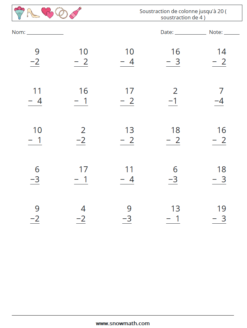 (25) Soustraction de colonne jusqu'à 20 ( soustraction de 4 ) Fiches d'Exercices de Mathématiques 1