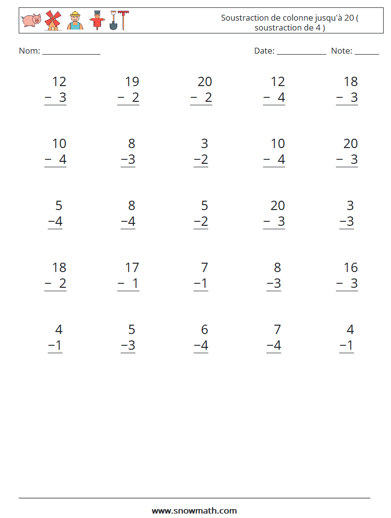 (25) Soustraction de colonne jusqu'à 20 ( soustraction de 4 ) Fiches d'Exercices de Mathématiques 10