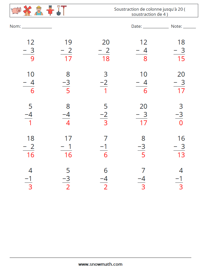 (25) Soustraction de colonne jusqu'à 20 ( soustraction de 4 ) Fiches d'Exercices de Mathématiques 10 Question, Réponse