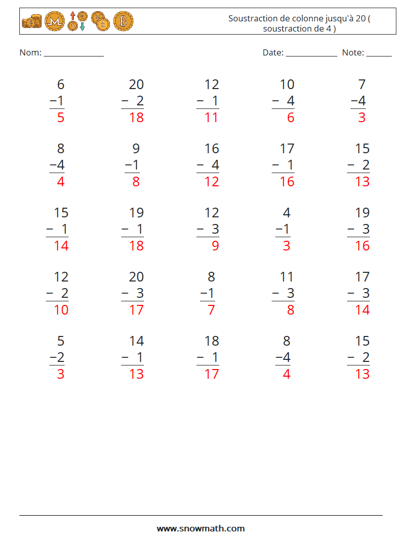 (25) Soustraction de colonne jusqu'à 20 ( soustraction de 4 ) Fiches d'Exercices de Mathématiques 11 Question, Réponse