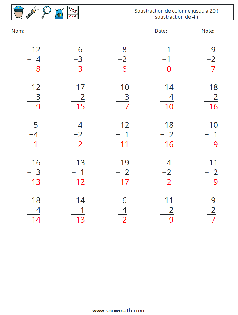 (25) Soustraction de colonne jusqu'à 20 ( soustraction de 4 ) Fiches d'Exercices de Mathématiques 12 Question, Réponse