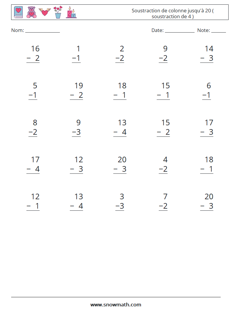 (25) Soustraction de colonne jusqu'à 20 ( soustraction de 4 ) Fiches d'Exercices de Mathématiques 13