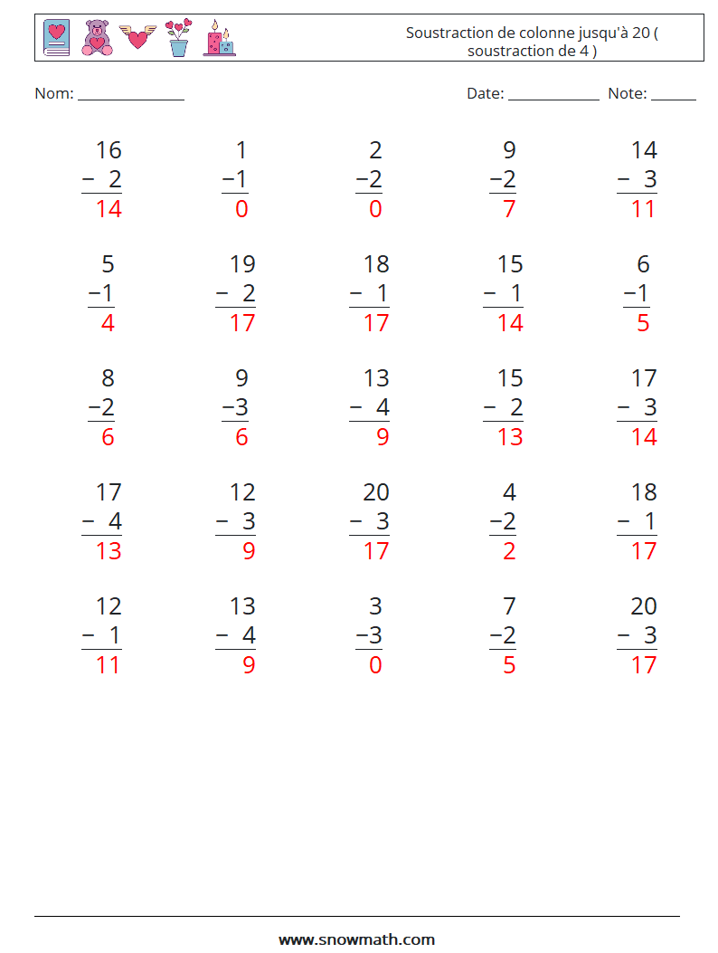 (25) Soustraction de colonne jusqu'à 20 ( soustraction de 4 ) Fiches d'Exercices de Mathématiques 13 Question, Réponse