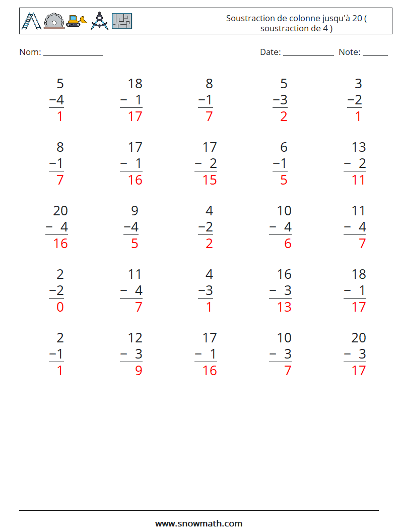 (25) Soustraction de colonne jusqu'à 20 ( soustraction de 4 ) Fiches d'Exercices de Mathématiques 14 Question, Réponse