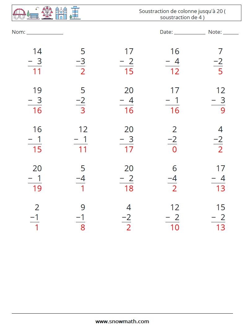 (25) Soustraction de colonne jusqu'à 20 ( soustraction de 4 ) Fiches d'Exercices de Mathématiques 15 Question, Réponse