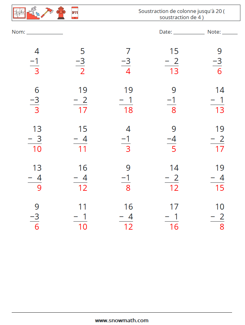 (25) Soustraction de colonne jusqu'à 20 ( soustraction de 4 ) Fiches d'Exercices de Mathématiques 17 Question, Réponse