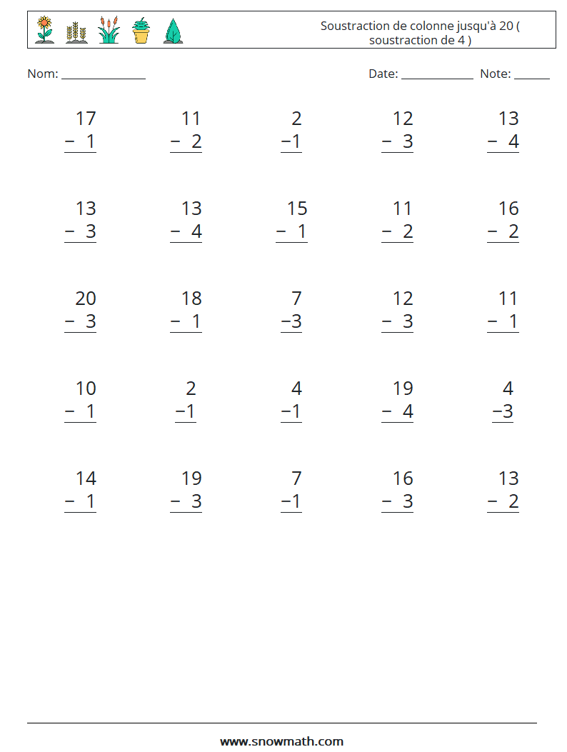 (25) Soustraction de colonne jusqu'à 20 ( soustraction de 4 ) Fiches d'Exercices de Mathématiques 18