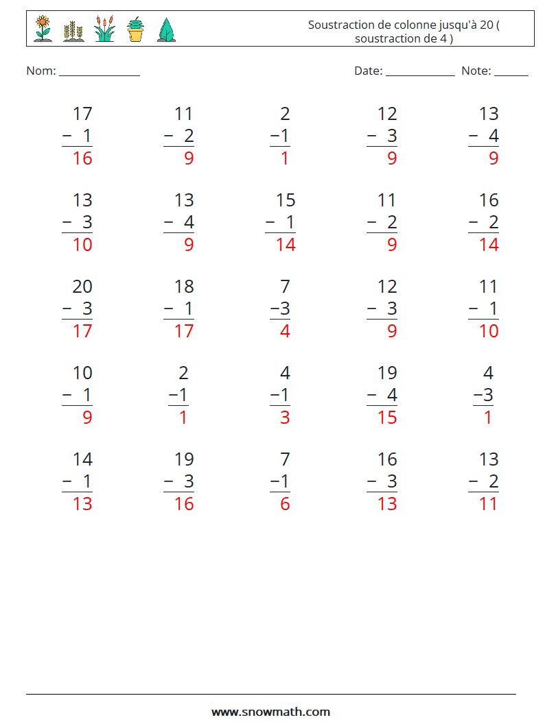 (25) Soustraction de colonne jusqu'à 20 ( soustraction de 4 ) Fiches d'Exercices de Mathématiques 18 Question, Réponse