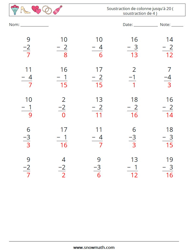 (25) Soustraction de colonne jusqu'à 20 ( soustraction de 4 ) Fiches d'Exercices de Mathématiques 1 Question, Réponse