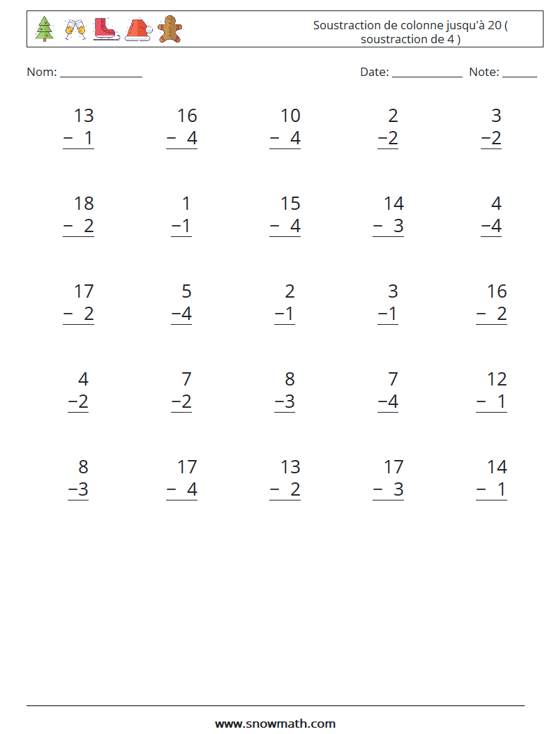 (25) Soustraction de colonne jusqu'à 20 ( soustraction de 4 ) Fiches d'Exercices de Mathématiques 2