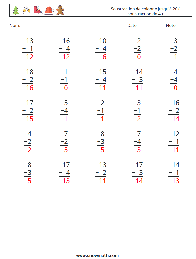 (25) Soustraction de colonne jusqu'à 20 ( soustraction de 4 ) Fiches d'Exercices de Mathématiques 2 Question, Réponse