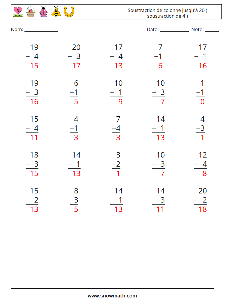 (25) Soustraction de colonne jusqu'à 20 ( soustraction de 4 ) Fiches d'Exercices de Mathématiques 3 Question, Réponse