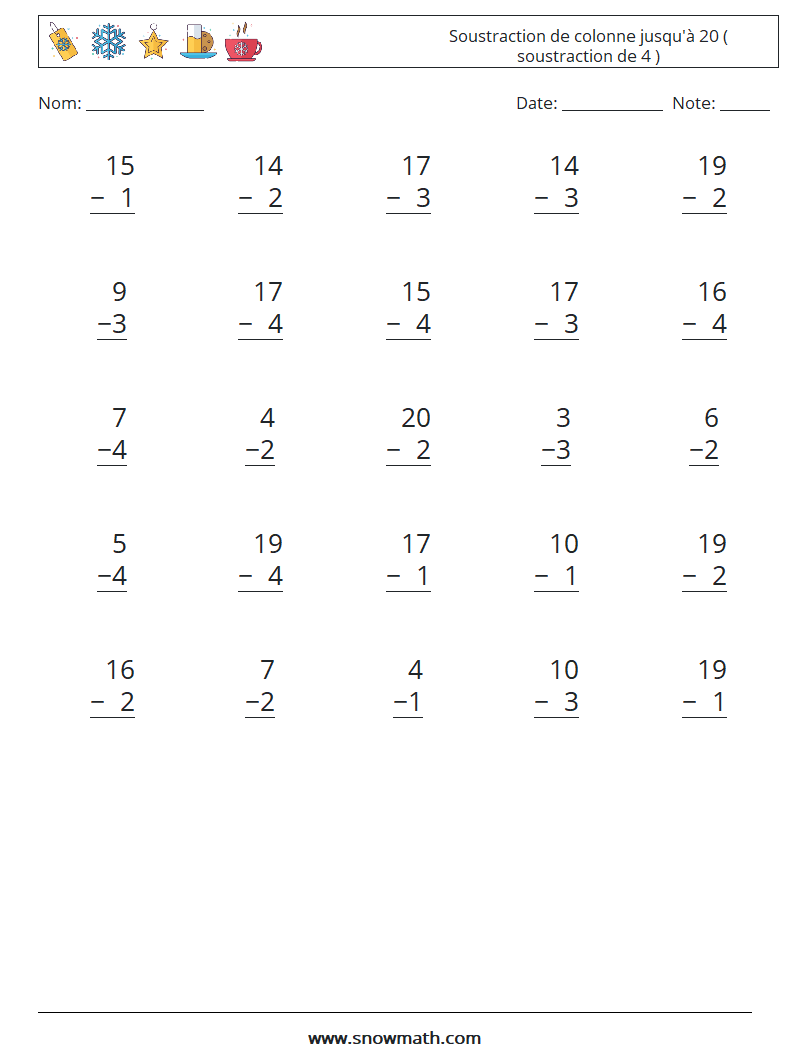 (25) Soustraction de colonne jusqu'à 20 ( soustraction de 4 ) Fiches d'Exercices de Mathématiques 4