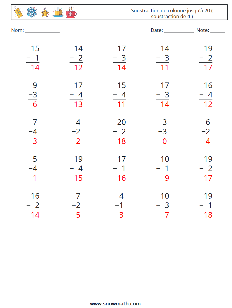 (25) Soustraction de colonne jusqu'à 20 ( soustraction de 4 ) Fiches d'Exercices de Mathématiques 4 Question, Réponse