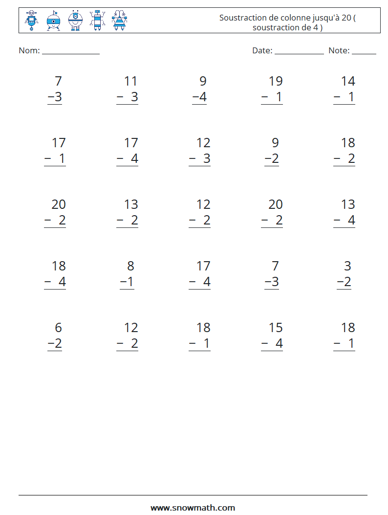 (25) Soustraction de colonne jusqu'à 20 ( soustraction de 4 ) Fiches d'Exercices de Mathématiques 7