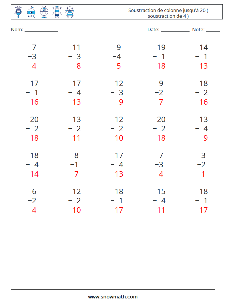 (25) Soustraction de colonne jusqu'à 20 ( soustraction de 4 ) Fiches d'Exercices de Mathématiques 7 Question, Réponse