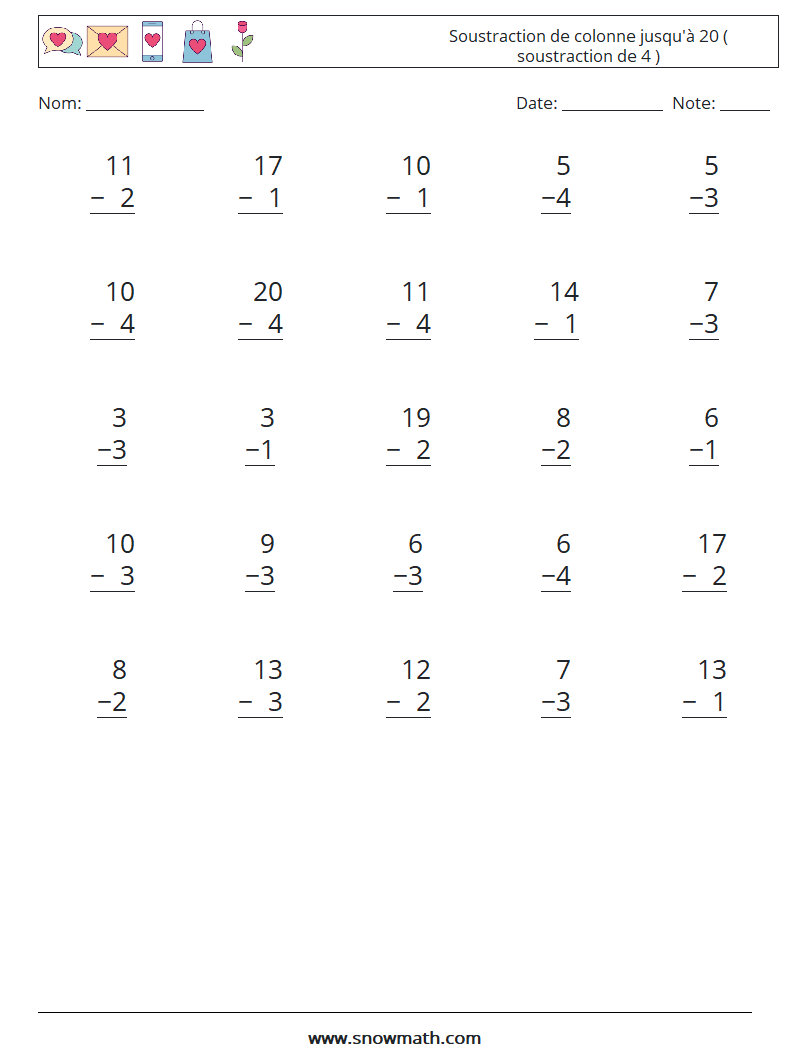 (25) Soustraction de colonne jusqu'à 20 ( soustraction de 4 ) Fiches d'Exercices de Mathématiques 8