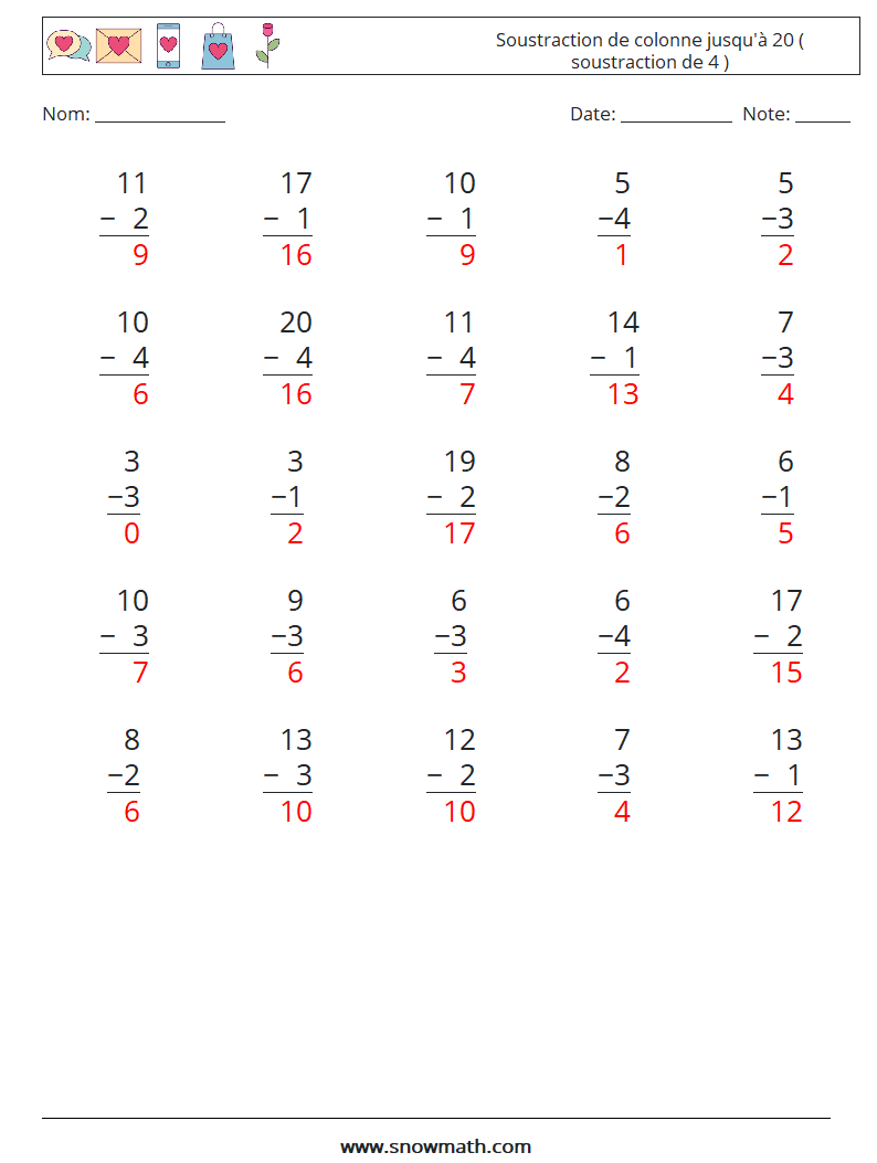 (25) Soustraction de colonne jusqu'à 20 ( soustraction de 4 ) Fiches d'Exercices de Mathématiques 8 Question, Réponse