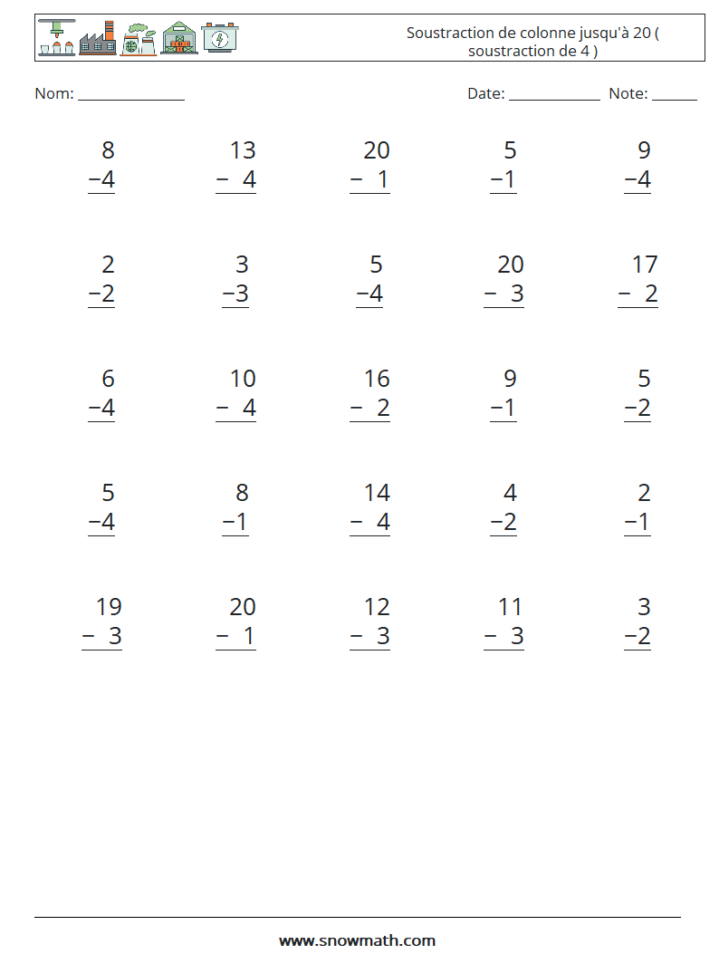 (25) Soustraction de colonne jusqu'à 20 ( soustraction de 4 ) Fiches d'Exercices de Mathématiques 9