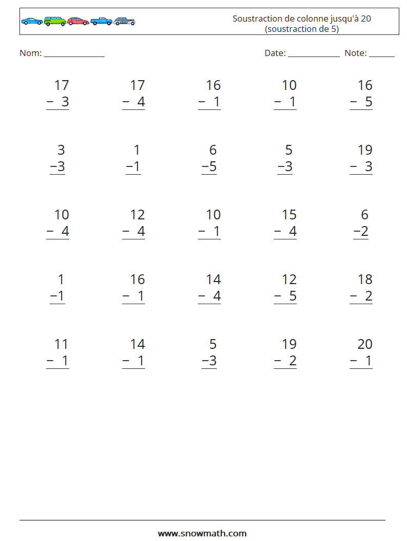 (25) Soustraction de colonne jusqu'à 20 (soustraction de 5) Fiches d'Exercices de Mathématiques 10