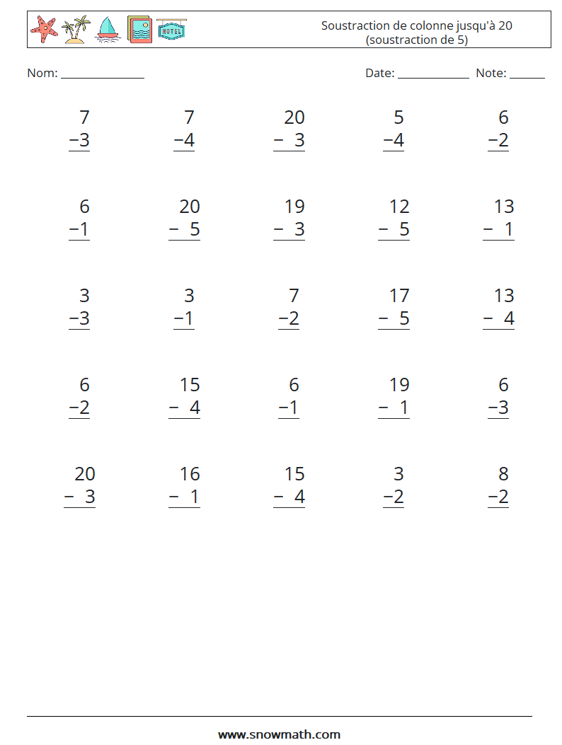 (25) Soustraction de colonne jusqu'à 20 (soustraction de 5) Fiches d'Exercices de Mathématiques 11