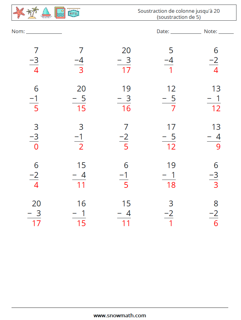 (25) Soustraction de colonne jusqu'à 20 (soustraction de 5) Fiches d'Exercices de Mathématiques 11 Question, Réponse