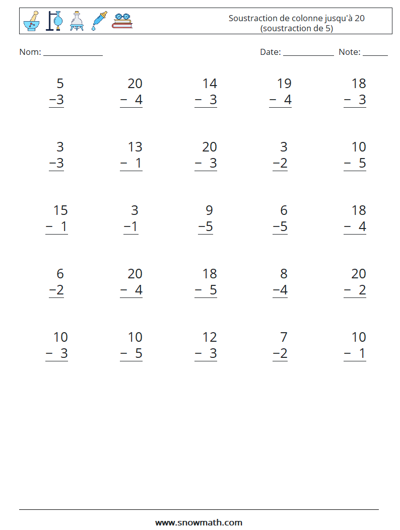 (25) Soustraction de colonne jusqu'à 20 (soustraction de 5) Fiches d'Exercices de Mathématiques 12