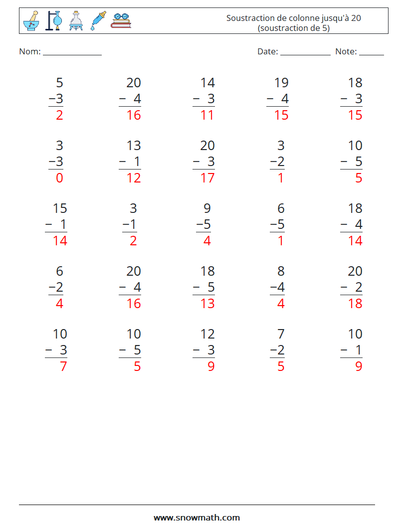 (25) Soustraction de colonne jusqu'à 20 (soustraction de 5) Fiches d'Exercices de Mathématiques 12 Question, Réponse