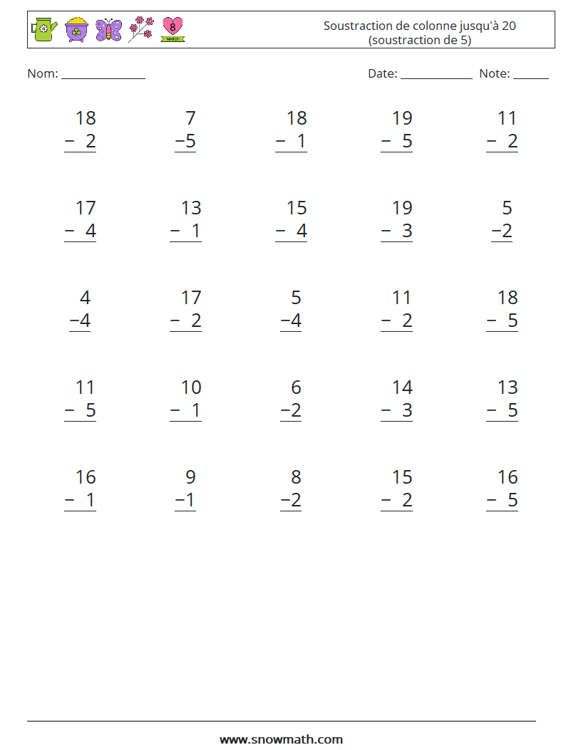 (25) Soustraction de colonne jusqu'à 20 (soustraction de 5) Fiches d'Exercices de Mathématiques 14