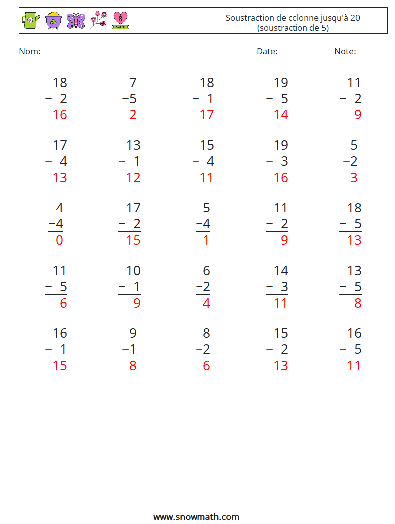 (25) Soustraction de colonne jusqu'à 20 (soustraction de 5) Fiches d'Exercices de Mathématiques 14 Question, Réponse