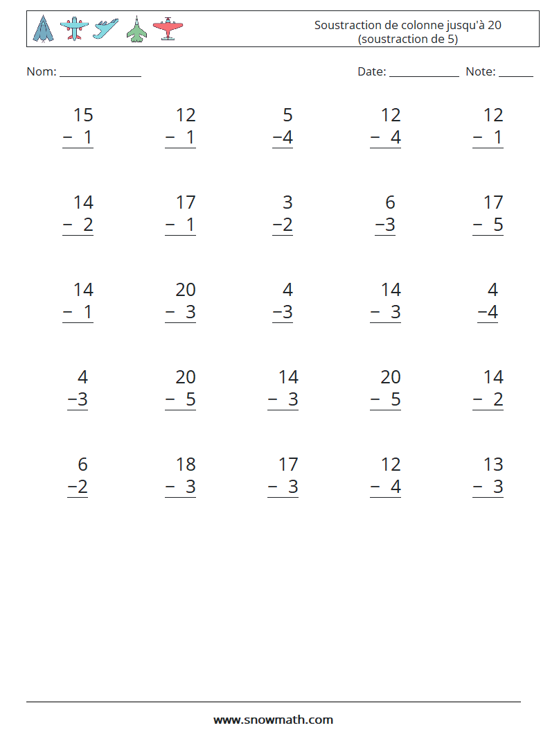 (25) Soustraction de colonne jusqu'à 20 (soustraction de 5) Fiches d'Exercices de Mathématiques 15