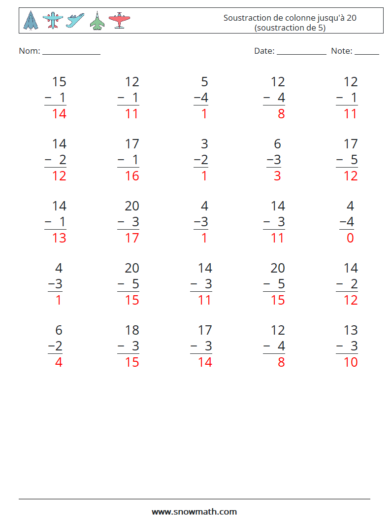 (25) Soustraction de colonne jusqu'à 20 (soustraction de 5) Fiches d'Exercices de Mathématiques 15 Question, Réponse