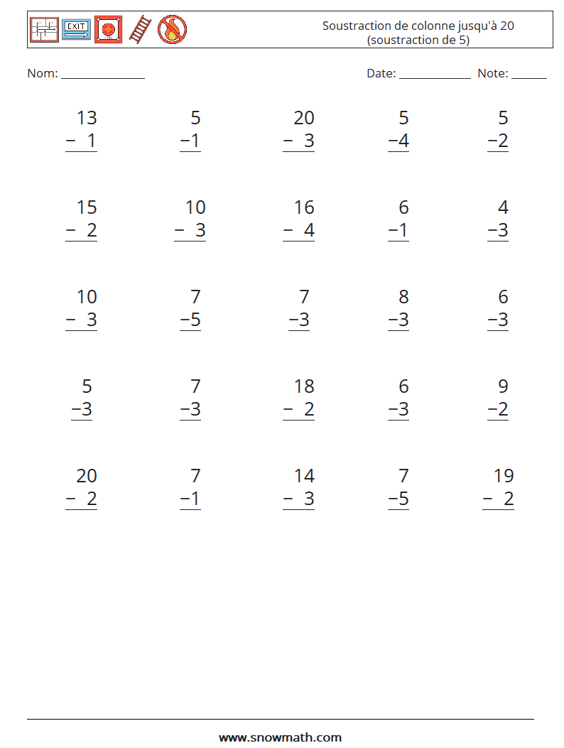 (25) Soustraction de colonne jusqu'à 20 (soustraction de 5) Fiches d'Exercices de Mathématiques 16