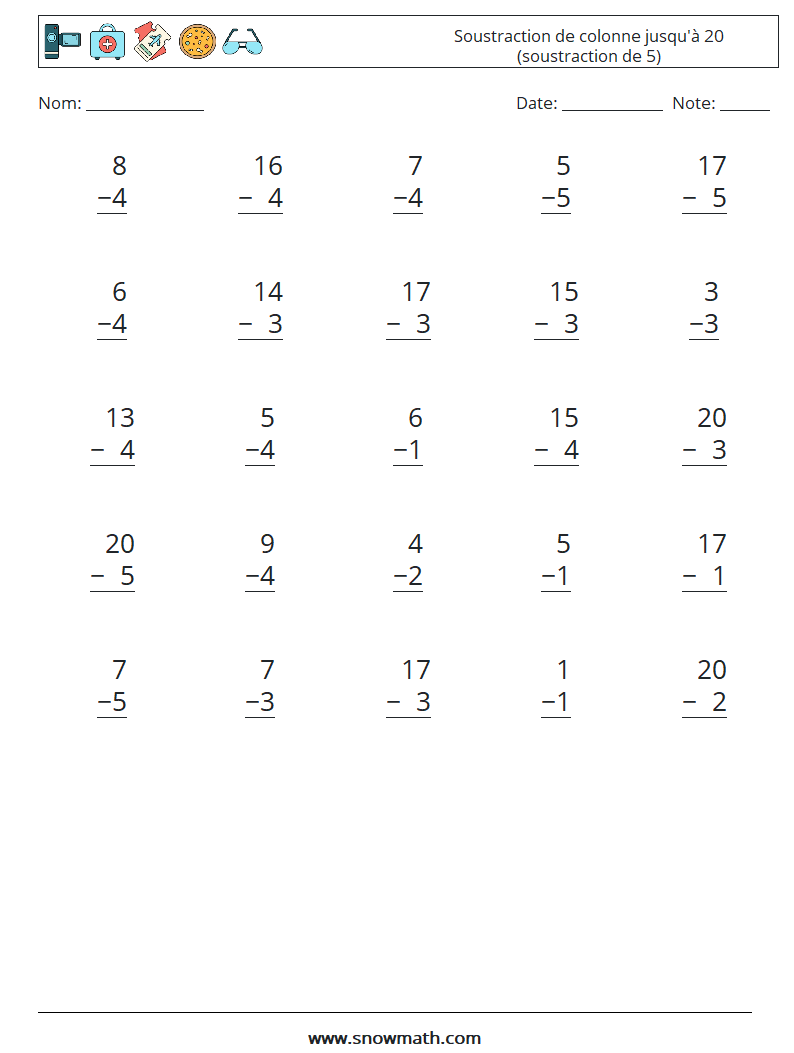 (25) Soustraction de colonne jusqu'à 20 (soustraction de 5) Fiches d'Exercices de Mathématiques 17