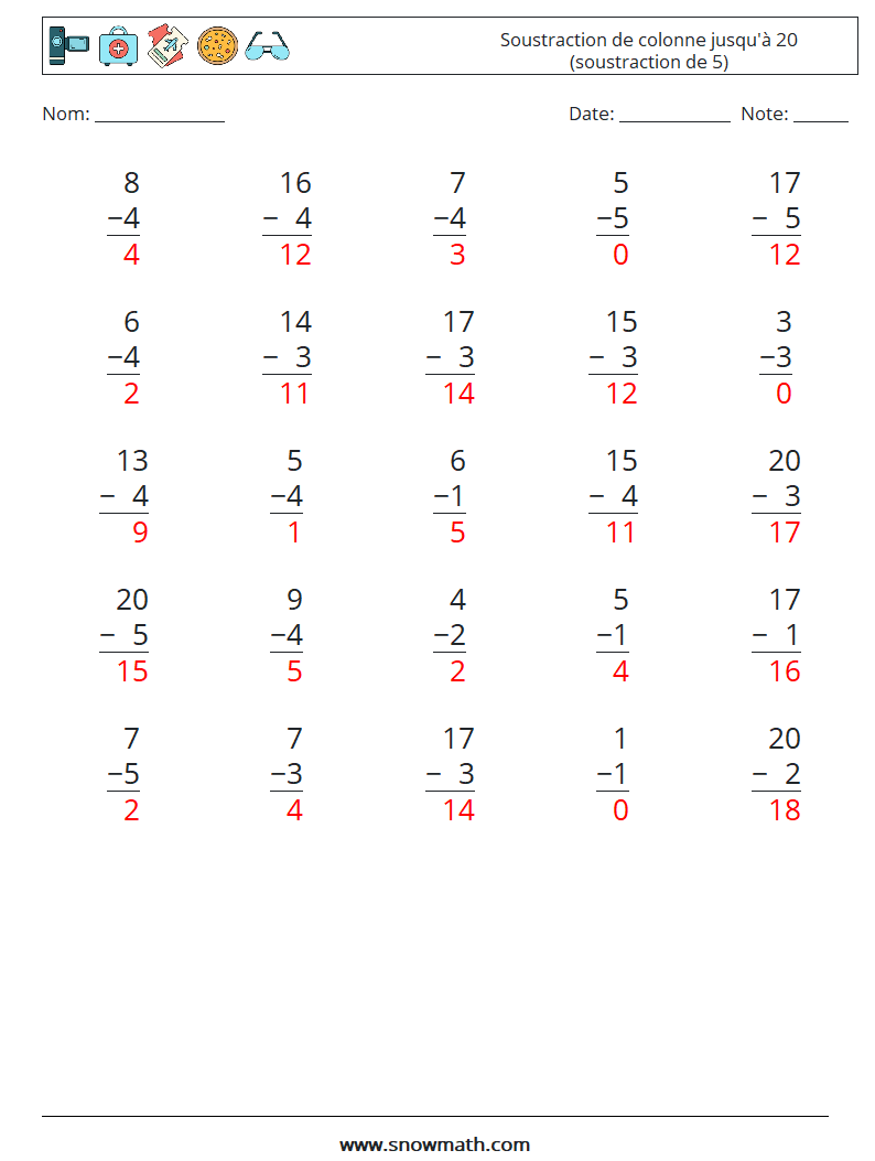 (25) Soustraction de colonne jusqu'à 20 (soustraction de 5) Fiches d'Exercices de Mathématiques 17 Question, Réponse