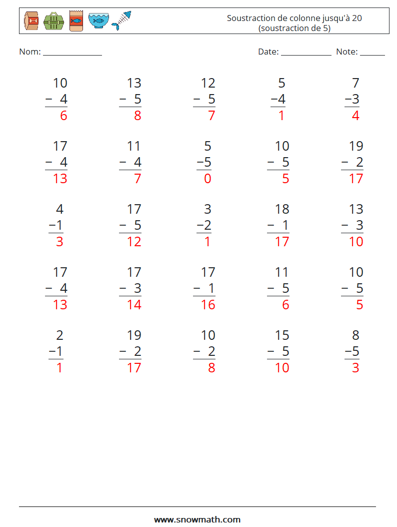 (25) Soustraction de colonne jusqu'à 20 (soustraction de 5) Fiches d'Exercices de Mathématiques 18 Question, Réponse