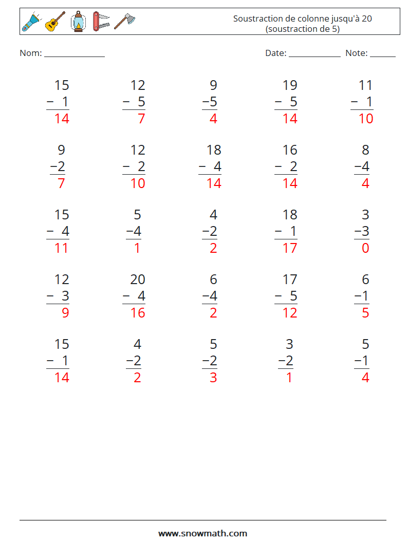 (25) Soustraction de colonne jusqu'à 20 (soustraction de 5) Fiches d'Exercices de Mathématiques 1 Question, Réponse