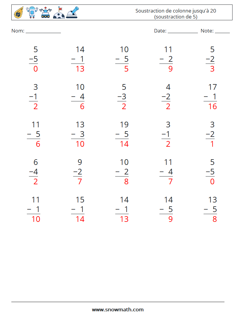 (25) Soustraction de colonne jusqu'à 20 (soustraction de 5) Fiches d'Exercices de Mathématiques 3 Question, Réponse