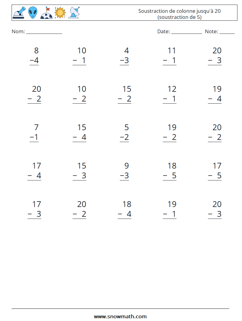 (25) Soustraction de colonne jusqu'à 20 (soustraction de 5) Fiches d'Exercices de Mathématiques 4