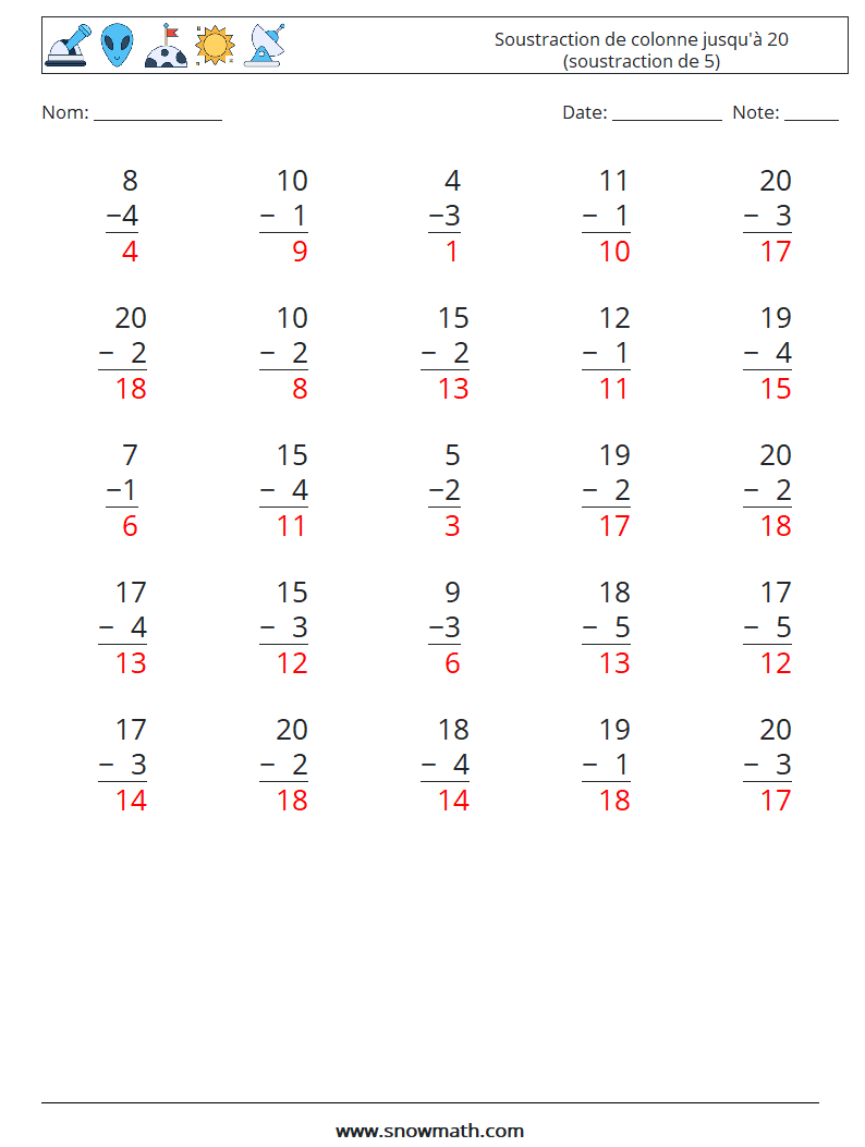 (25) Soustraction de colonne jusqu'à 20 (soustraction de 5) Fiches d'Exercices de Mathématiques 4 Question, Réponse