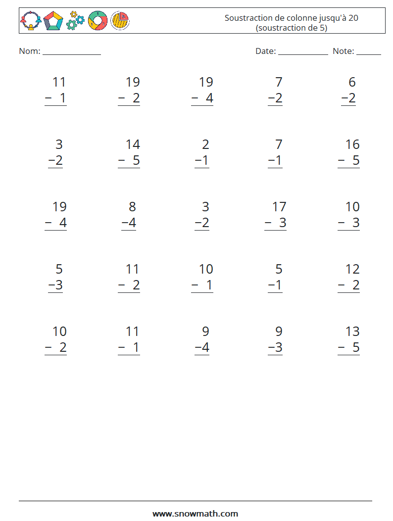 (25) Soustraction de colonne jusqu'à 20 (soustraction de 5) Fiches d'Exercices de Mathématiques 5