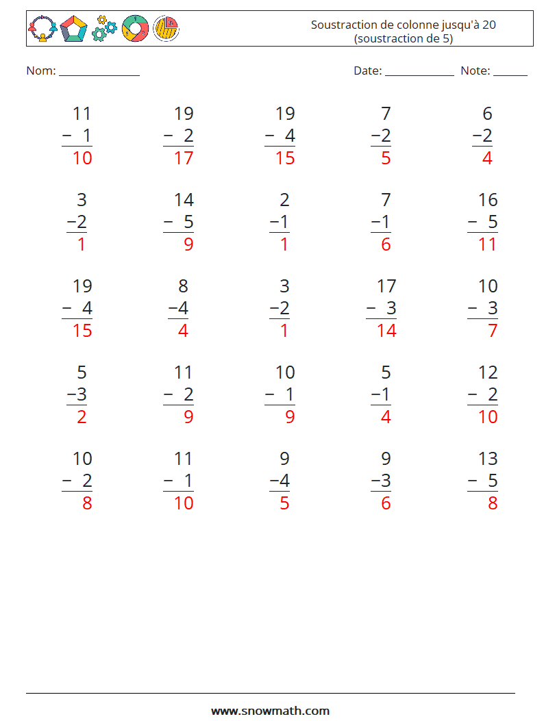 (25) Soustraction de colonne jusqu'à 20 (soustraction de 5) Fiches d'Exercices de Mathématiques 5 Question, Réponse