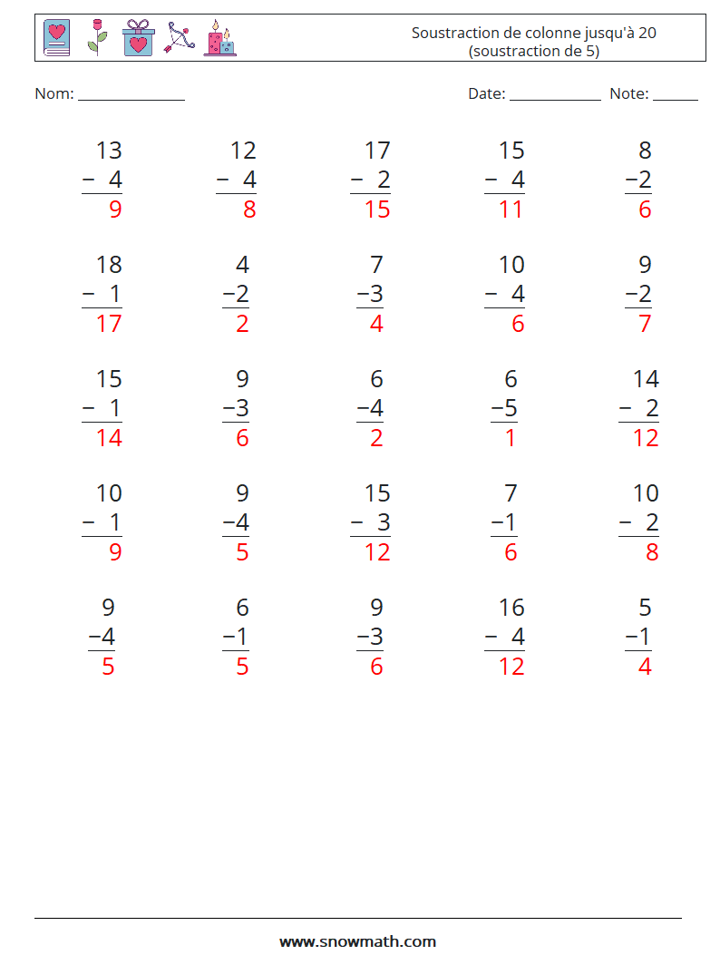 (25) Soustraction de colonne jusqu'à 20 (soustraction de 5) Fiches d'Exercices de Mathématiques 6 Question, Réponse